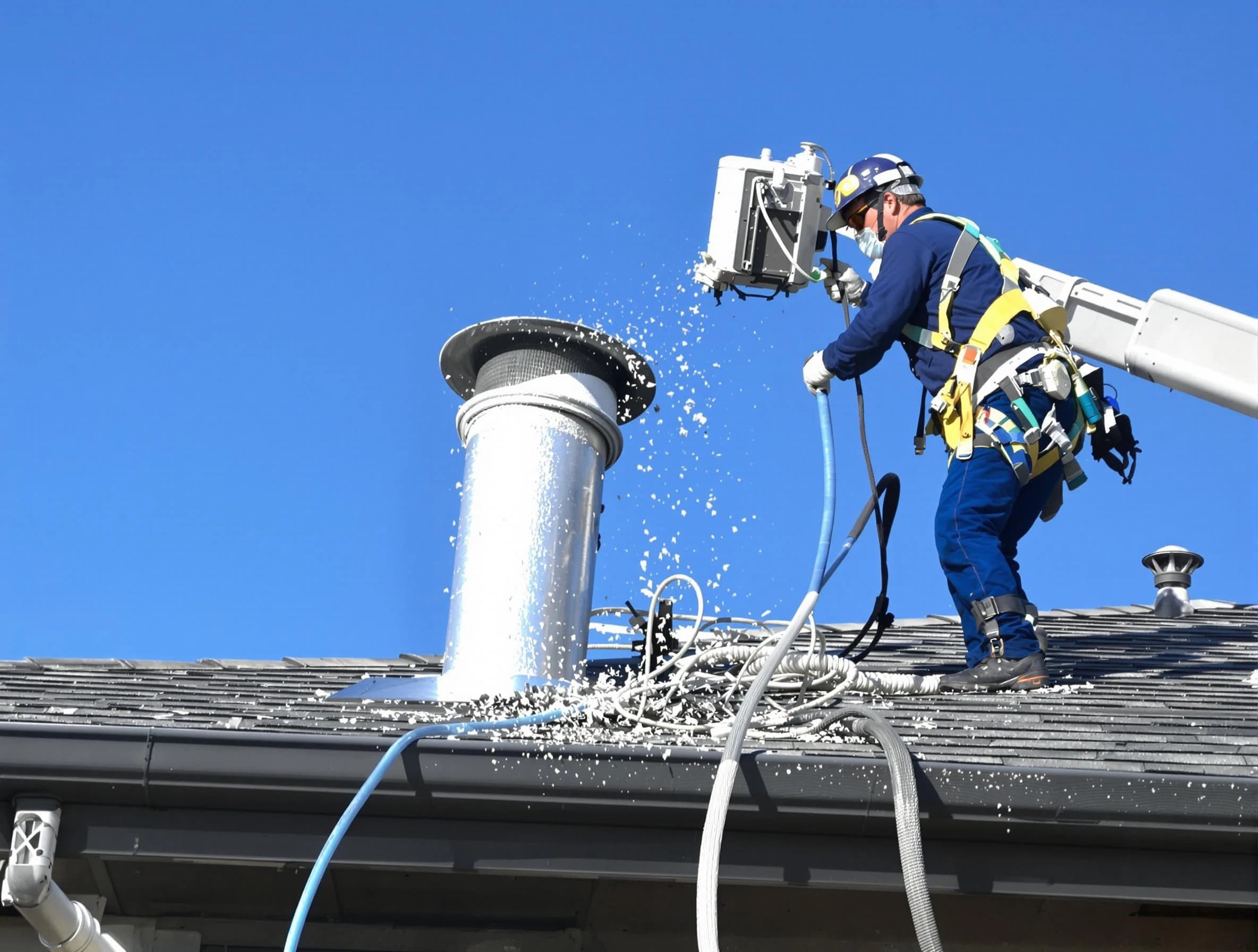 Johnstown Dryer Vent Cleaning certified technician safely cleaning a roof-mounted dryer vent in Johnstown