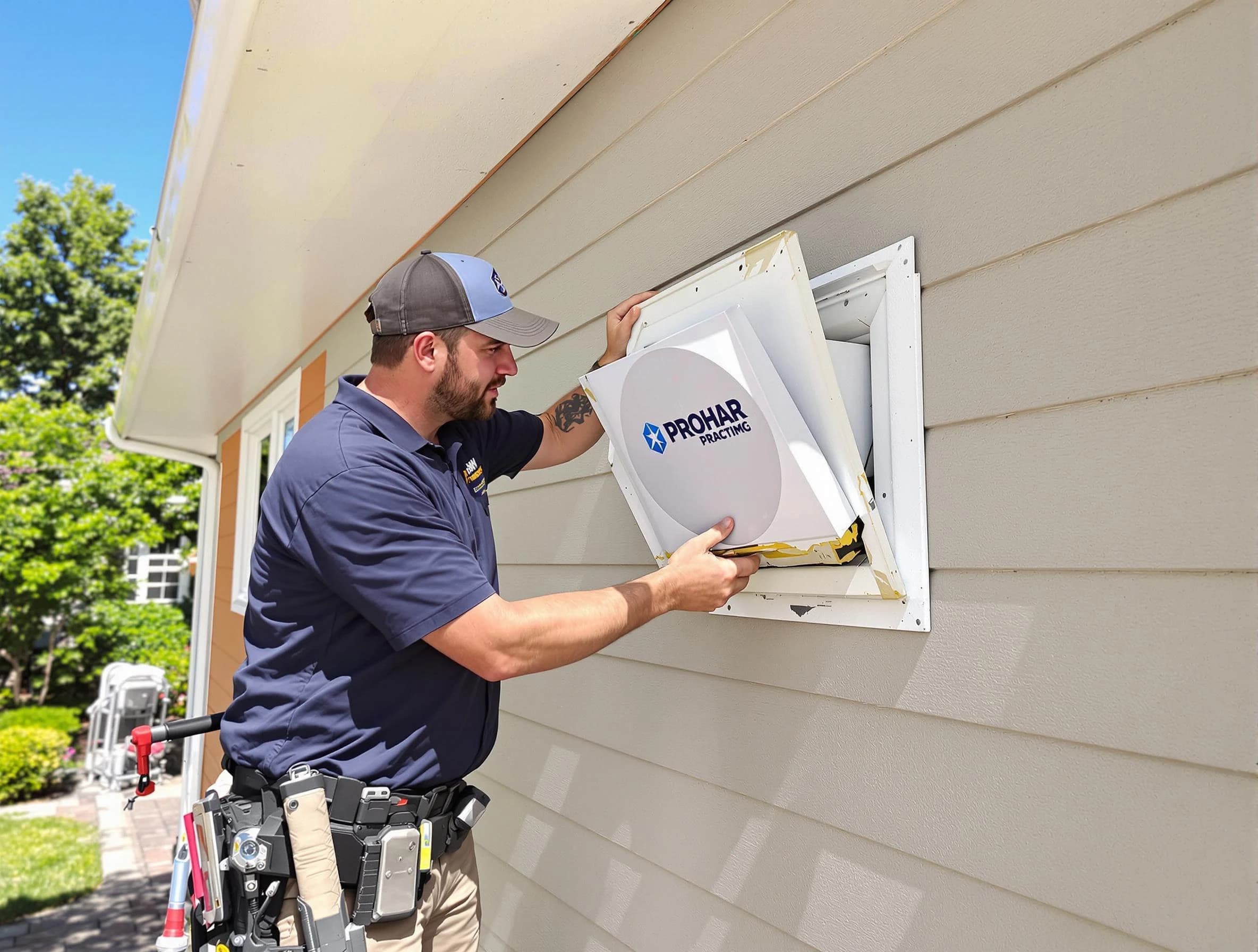 Johnstown Dryer Vent Cleaning technician installing a new protective dryer vent cover on a home in Johnstown