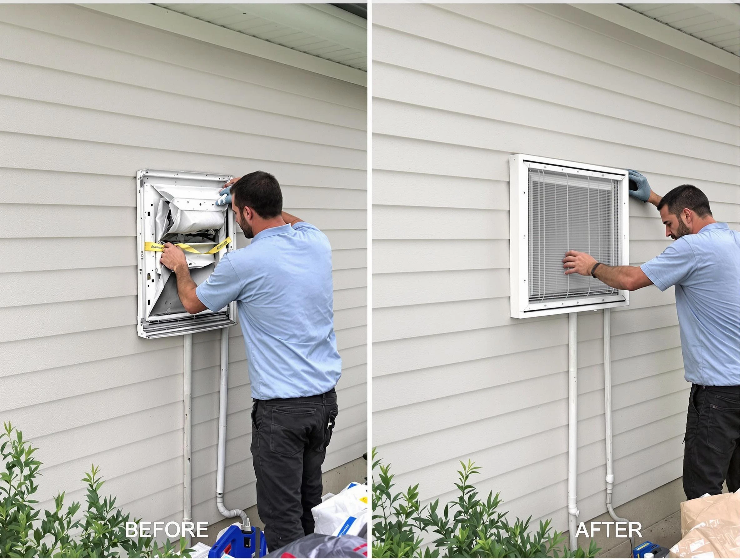 Johnstown Dryer Vent Cleaning technician installing high-quality dryer vent cover at a residential property in Johnstown